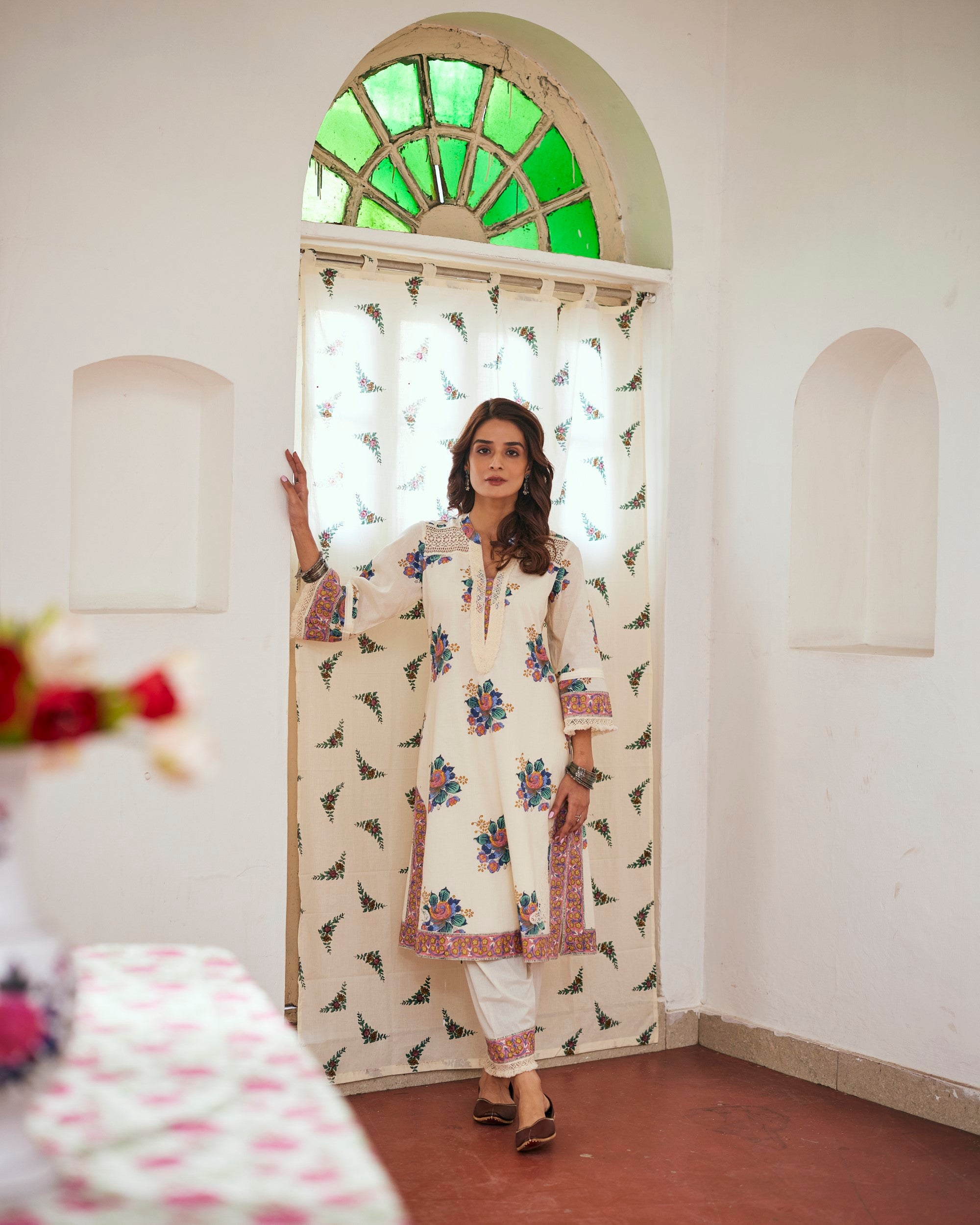 Indo Era Pink Printed Straight Kurta Salwar With Dupatta set