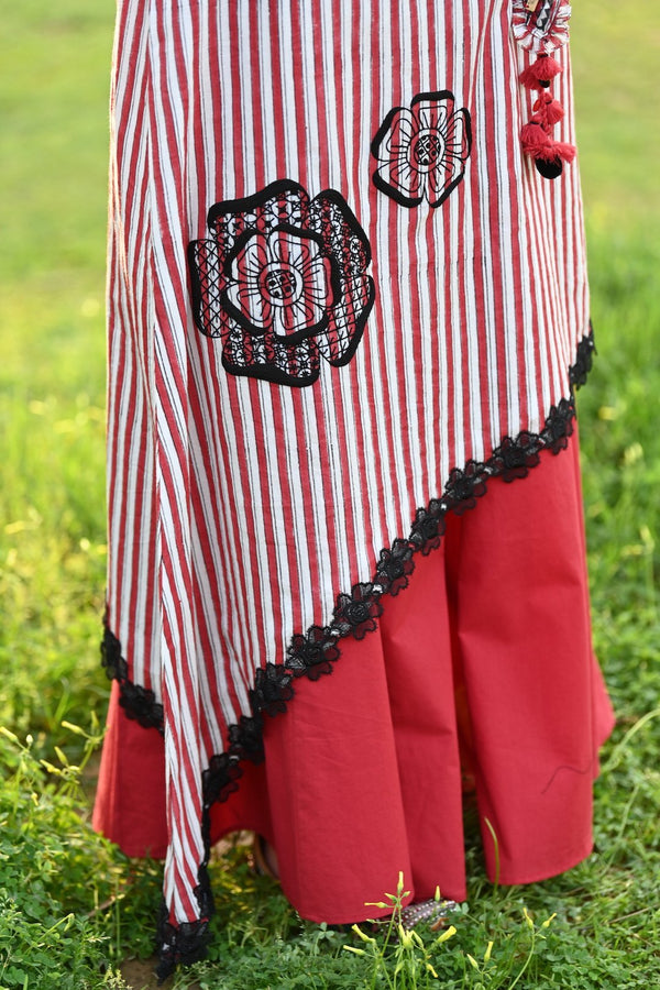 Red Asymmetrical Striped Kurta with Sharara and Scarf Set