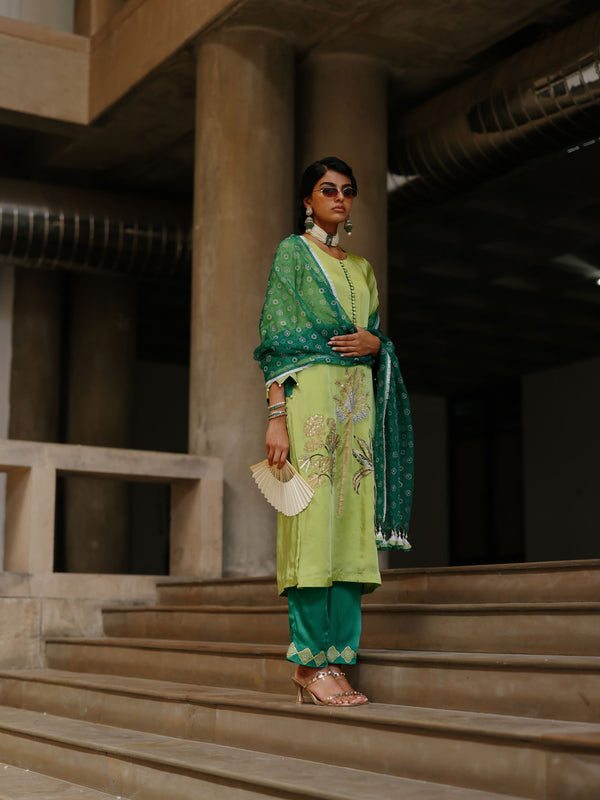 LIME GREEN STRAIGHT LONG KURTA WITH EMERALD GREEN PANT AND DUPATTA - SET OF 3