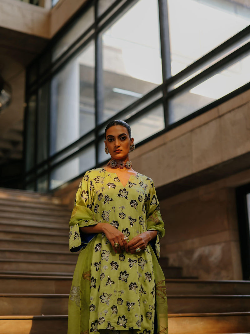 LIME GREEN  SHORT KURTA WITH PANT AND DUPATTA  - SET OF 3