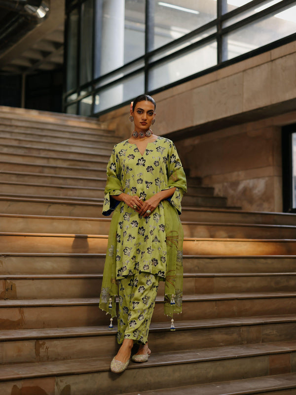 LIME GREEN  SHORT KURTA WITH PANT AND DUPATTA  - SET OF 3