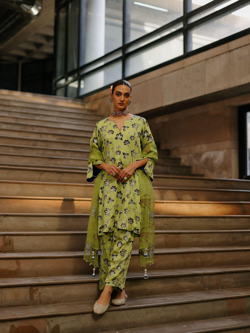 LIME GREEN  SHORT KURTA WITH PANT AND DUPATTA  - SET OF 3