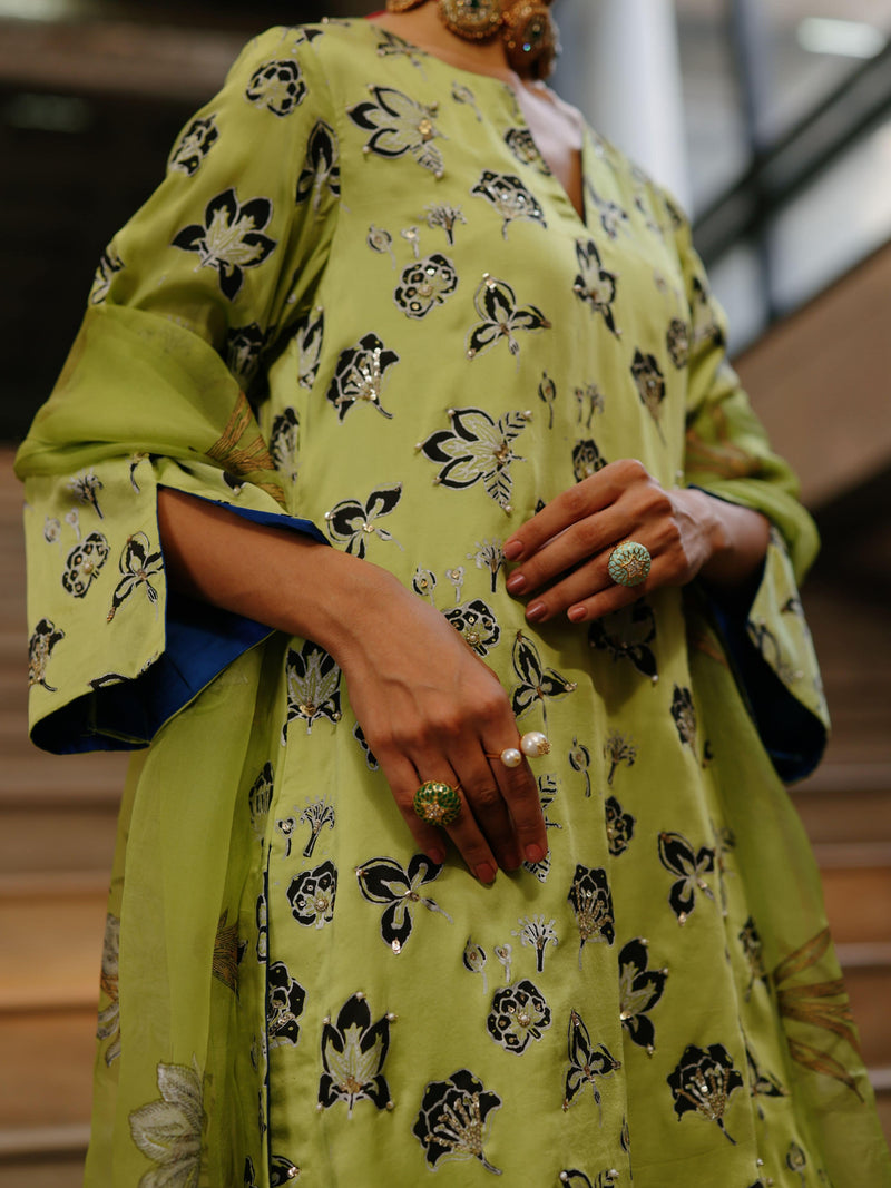 LIME GREEN  SHORT KURTA WITH PANT AND DUPATTA  - SET OF 3