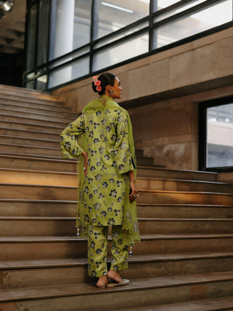 LIME GREEN  SHORT KURTA WITH PANT AND DUPATTA  - SET OF 3