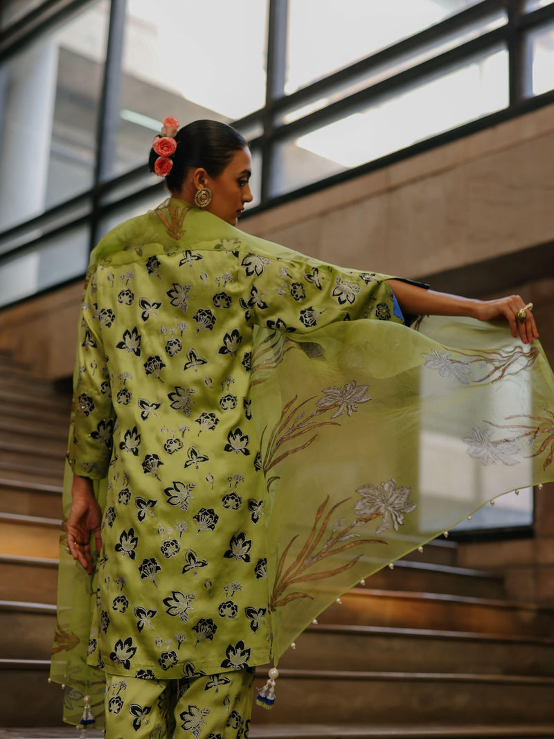 LIME GREEN  SHORT KURTA WITH PANT AND DUPATTA  - SET OF 3