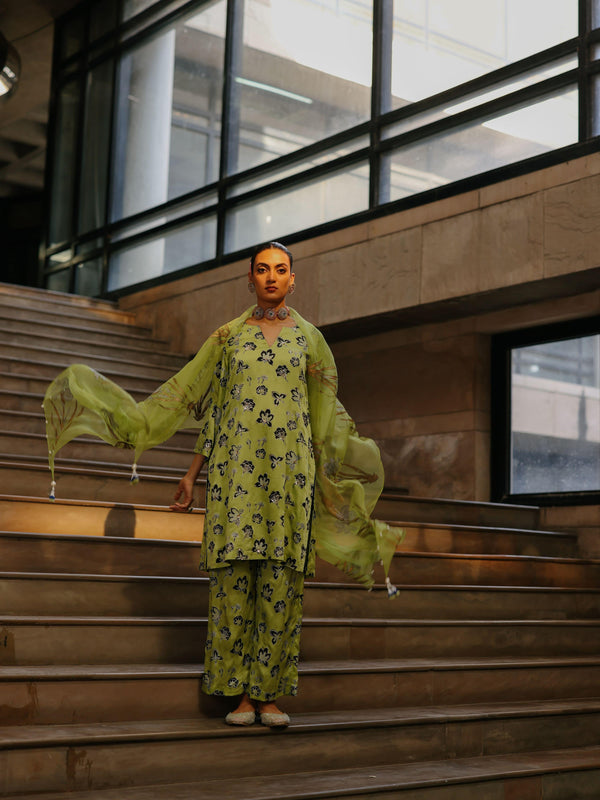 LIME GREEN  SHORT KURTA WITH PANT AND DUPATTA  - SET OF 3