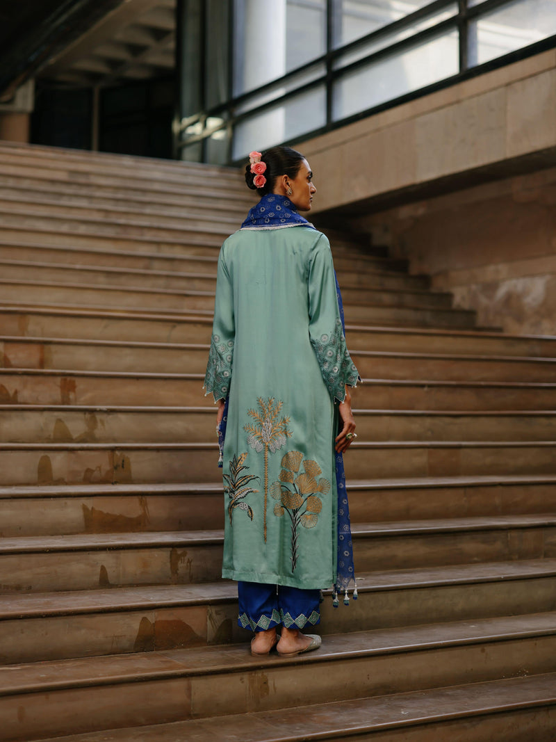 DUSTY BLUE STRAIGHT LONG KURTA WITH ROYAL BLUE PANT AND DUPATTA  - SET OF 3
