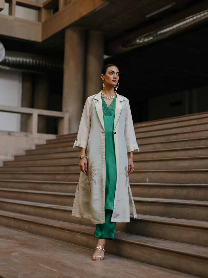 GOLD TISSUE LONG FRONT OPEN JACKET WITH EMERLAD GREEN STRAIGHT V-NECK KURTA AND PANT  - SET OF 3