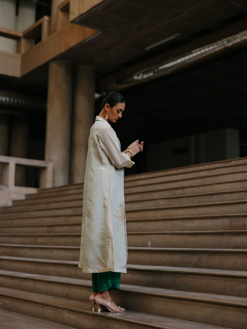 GOLD TISSUE LONG FRONT OPEN JACKET WITH EMERLAD GREEN STRAIGHT V-NECK KURTA AND PANT  - SET OF 3