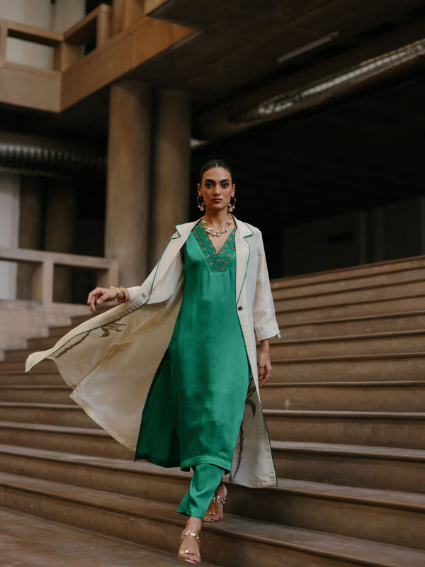 GOLD TISSUE LONG FRONT OPEN JACKET WITH EMERLAD GREEN STRAIGHT V-NECK KURTA AND PANT  - SET OF 3