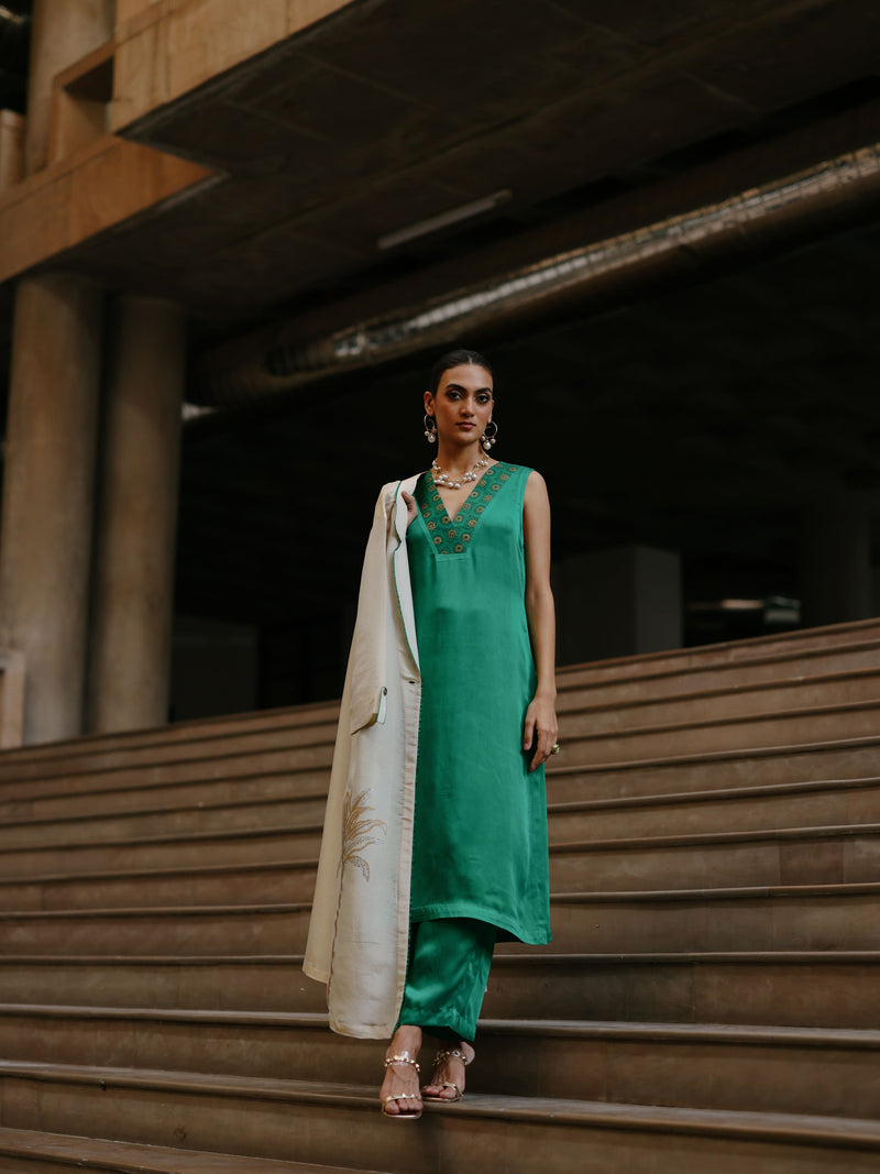 GOLD TISSUE LONG FRONT OPEN JACKET WITH EMERLAD GREEN STRAIGHT V-NECK KURTA AND PANT  - SET OF 3