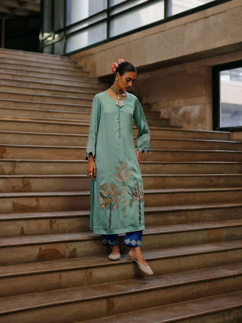 DUSTY BLUE STRAIGHT LONG KURTA WITH ROYAL BLUE PANT AND DUPATTA  - SET OF 3
