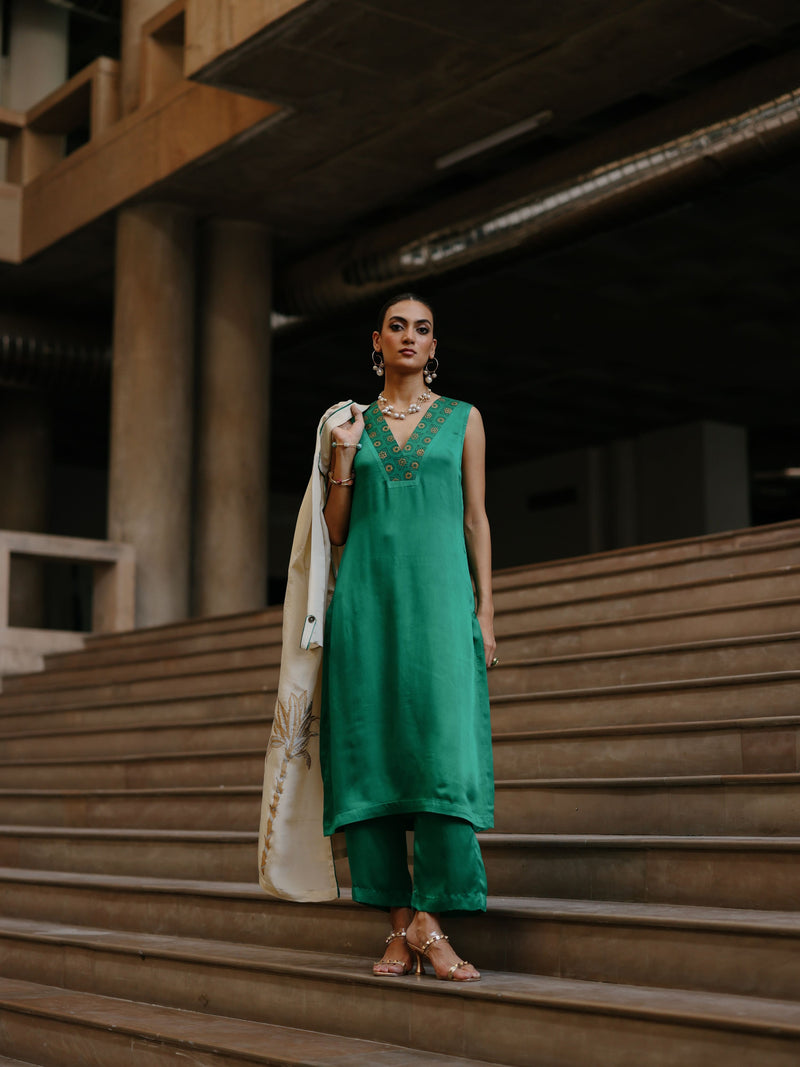 GOLD TISSUE LONG FRONT OPEN JACKET WITH EMERLAD GREEN STRAIGHT V-NECK KURTA AND PANT  - SET OF 3