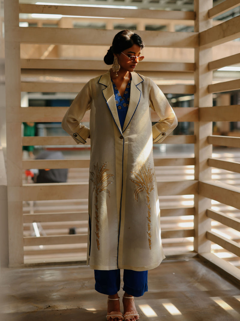 GOLD TISSUE LONG FRONT OPEN JACKET WITH EDUSTY BLUE STRAIGHT V-NECK KURTA AND PANT  - SET OF 3