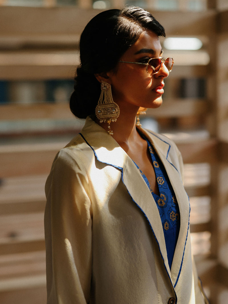 GOLD TISSUE LONG FRONT OPEN JACKET WITH EDUSTY BLUE STRAIGHT V-NECK KURTA AND PANT  - SET OF 3