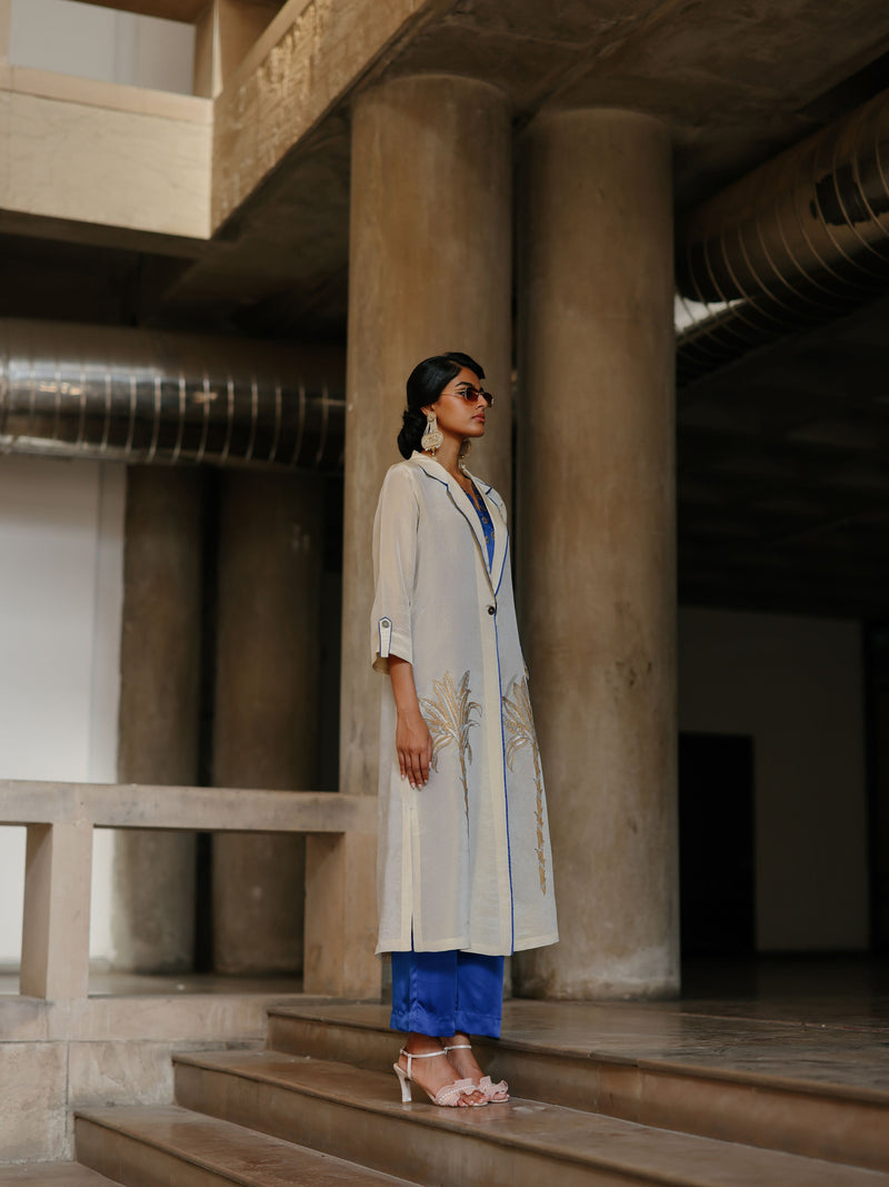 GOLD TISSUE LONG FRONT OPEN JACKET WITH EDUSTY BLUE STRAIGHT V-NECK KURTA AND PANT  - SET OF 3