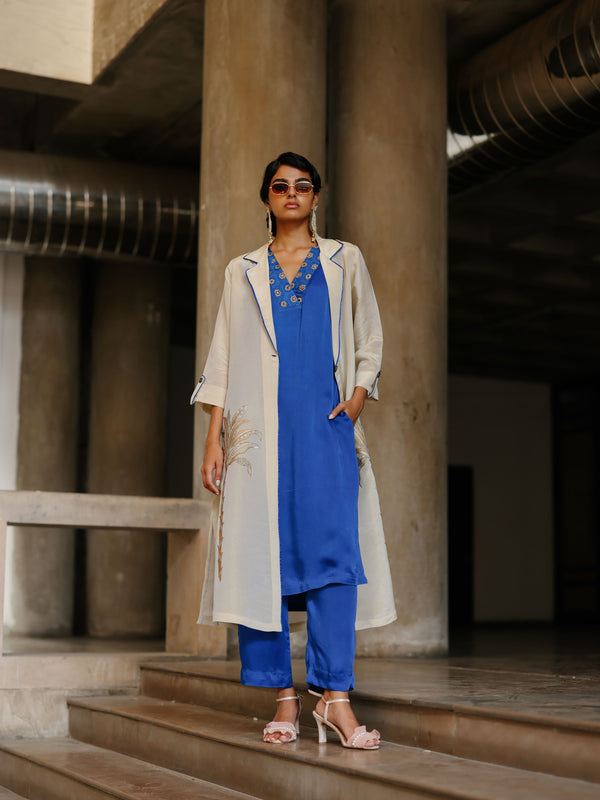 GOLD TISSUE LONG FRONT OPEN JACKET WITH EDUSTY BLUE STRAIGHT V-NECK KURTA AND PANT  - SET OF 3
