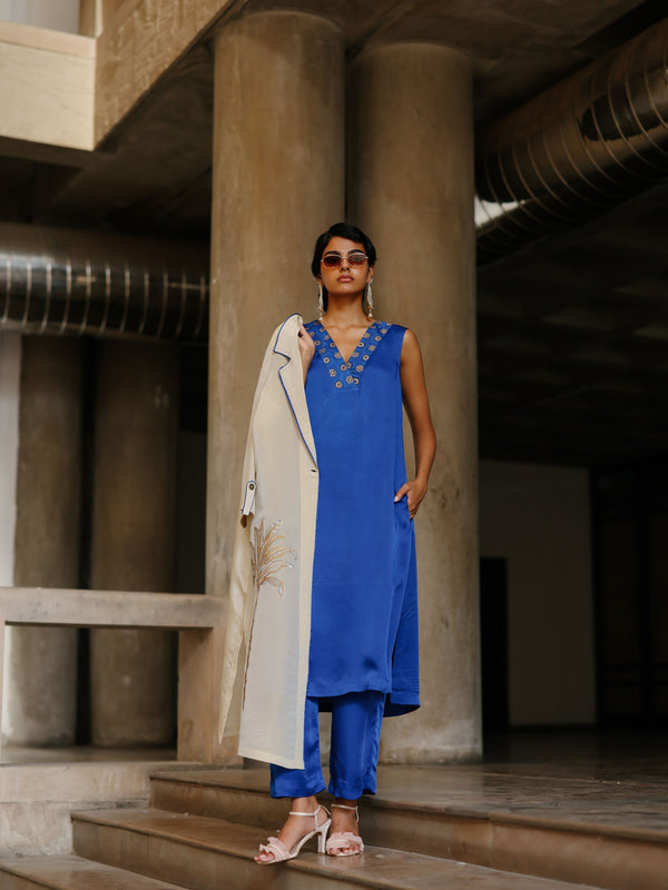GOLD TISSUE LONG FRONT OPEN JACKET WITH EDUSTY BLUE STRAIGHT V-NECK KURTA AND PANT  - SET OF 3