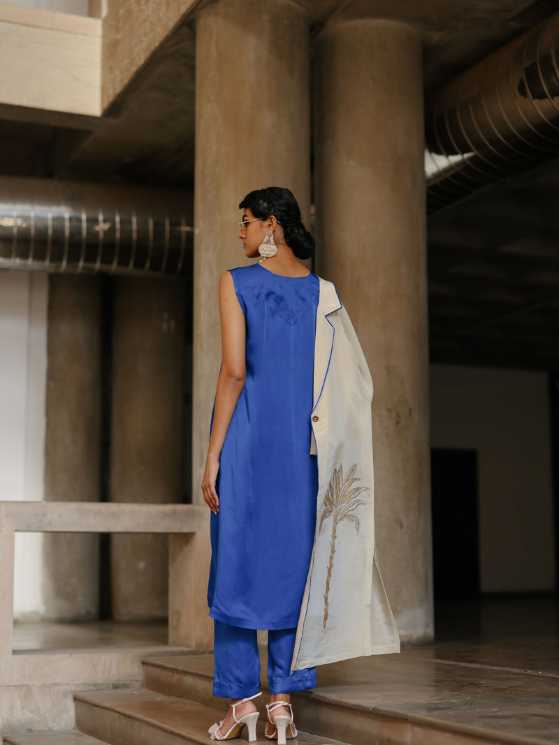 GOLD TISSUE LONG FRONT OPEN JACKET WITH EDUSTY BLUE STRAIGHT V-NECK KURTA AND PANT  - SET OF 3