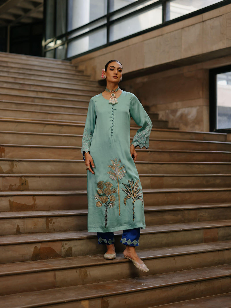 DUSTY BLUE STRAIGHT LONG KURTA WITH ROYAL BLUE PANT AND DUPATTA  - SET OF 3
