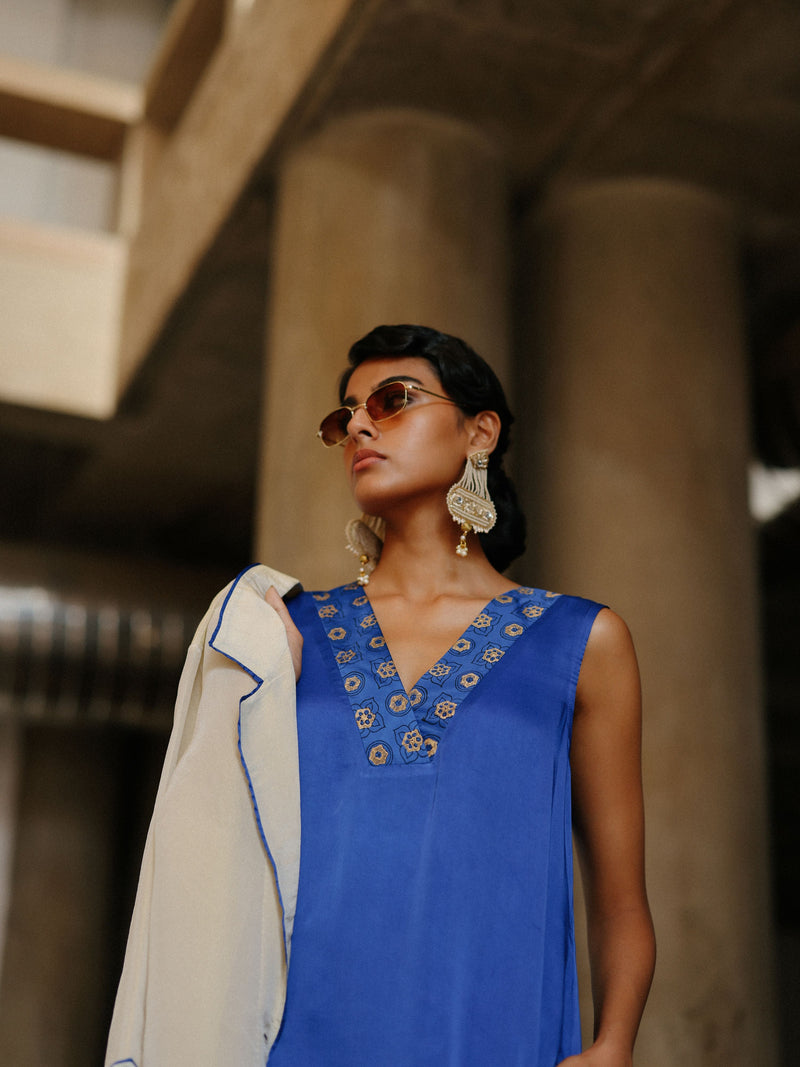 GOLD TISSUE LONG FRONT OPEN JACKET WITH EDUSTY BLUE STRAIGHT V-NECK KURTA AND PANT  - SET OF 3