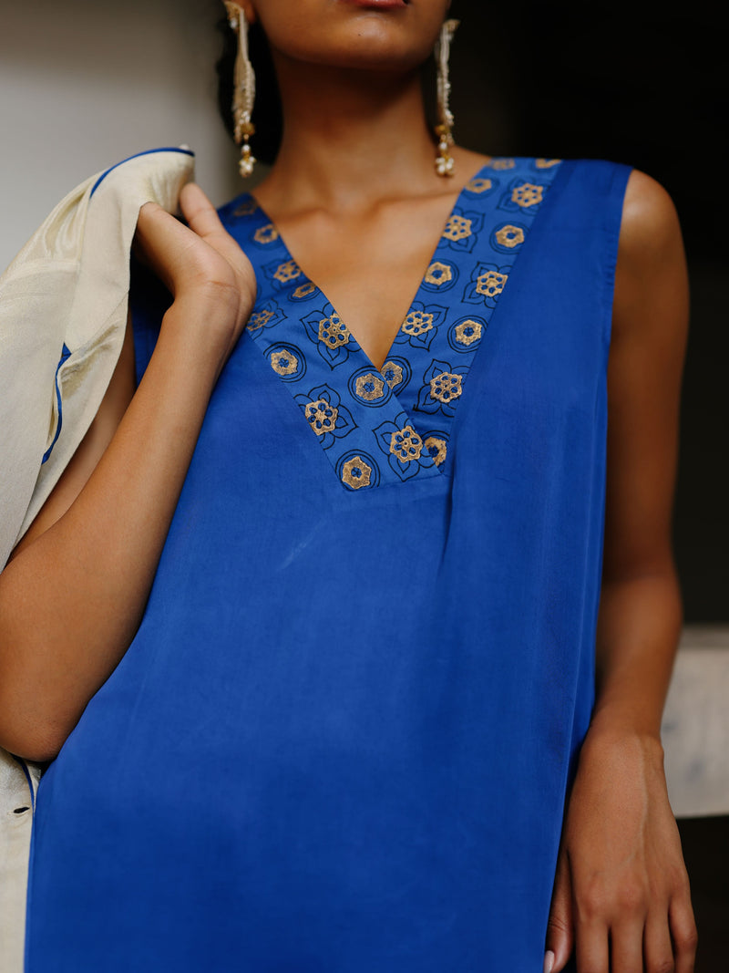 GOLD TISSUE LONG FRONT OPEN JACKET WITH EDUSTY BLUE STRAIGHT V-NECK KURTA AND PANT  - SET OF 3