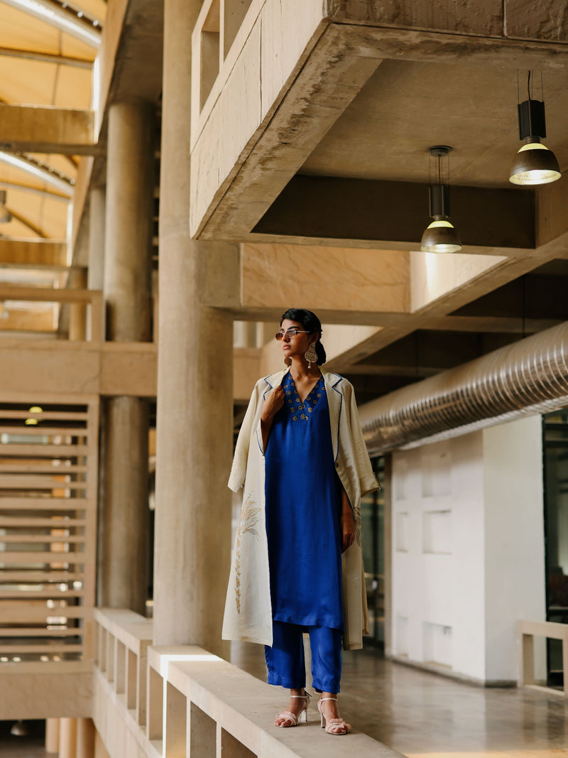 GOLD TISSUE LONG FRONT OPEN JACKET WITH EDUSTY BLUE STRAIGHT V-NECK KURTA AND PANT  - SET OF 3