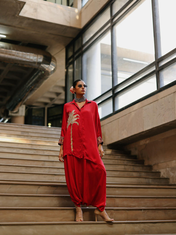 RUBY PINK COLLARED DRAPE ASYMMETRICAL SHIRT WITH COWL SALWAR  - SET OF 3