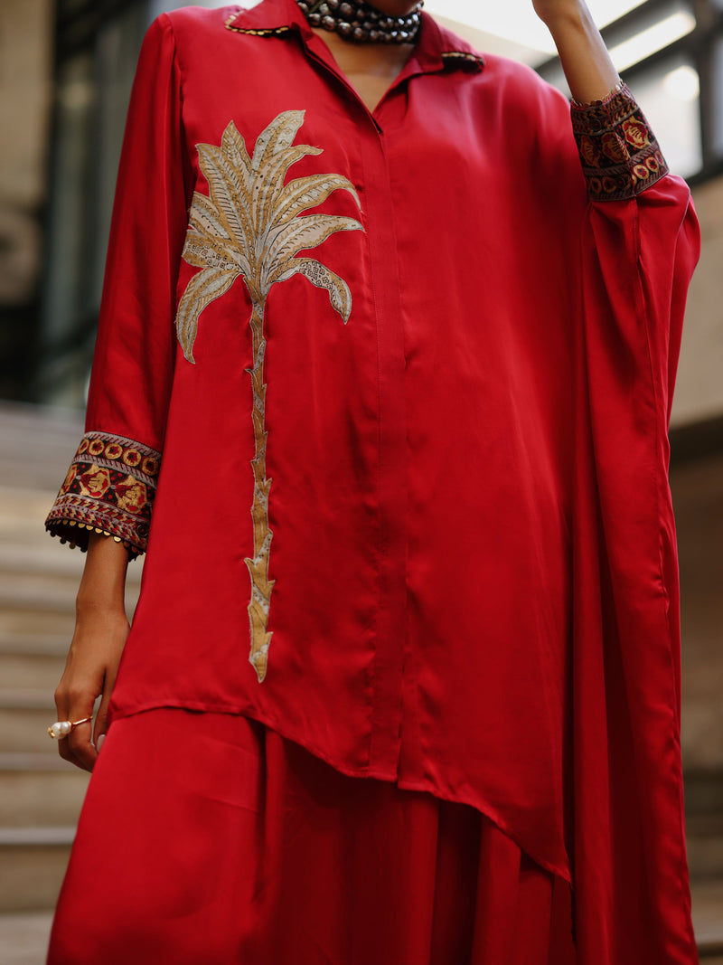 RUBY PINK COLLARED DRAPE ASYMMETRICAL SHIRT WITH COWL SALWAR  - SET OF 3