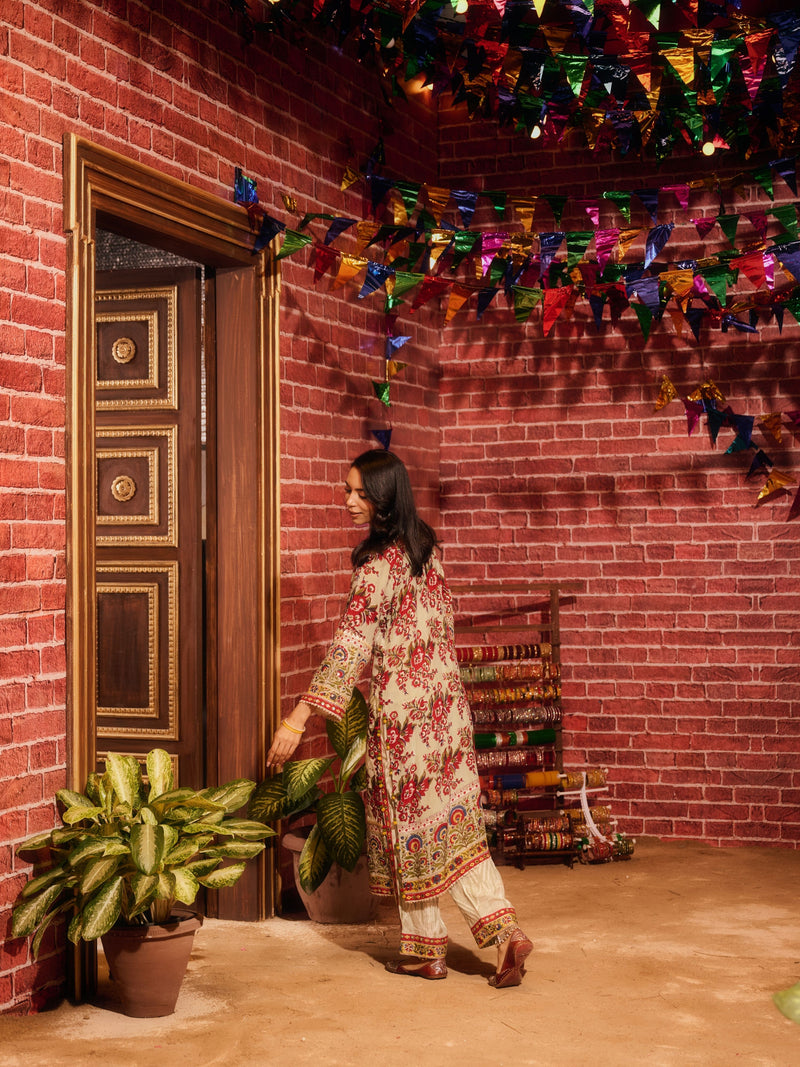 LAAL PHOOL PANELLED STRAIGHT LONG KURTA WITH PANT AND DUPATTA (SET OF 3)