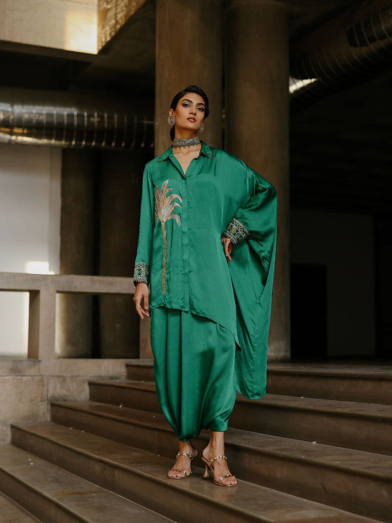 EMERALD GREEN COLLARED DRAPE ASYMMETRICAL SHIRT WITH COWL SALWAR  - SET OF 3
