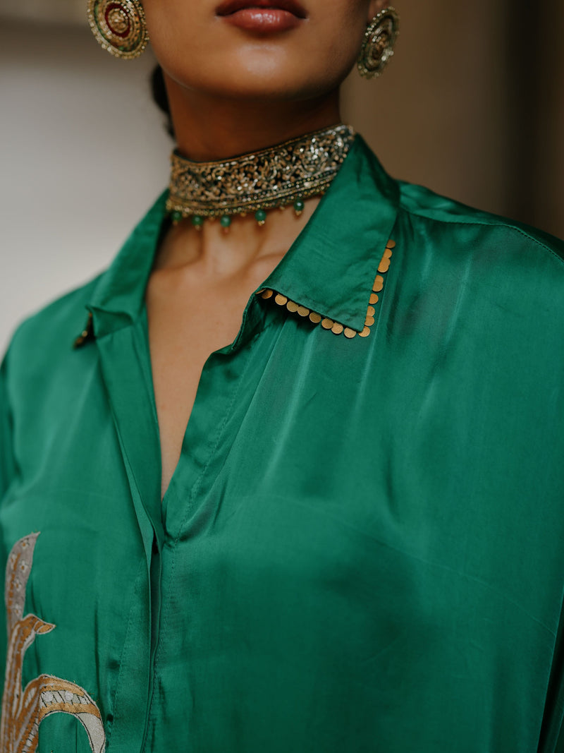 EMERALD GREEN COLLARED DRAPE ASYMMETRICAL SHIRT WITH COWL SALWAR  - SET OF 3