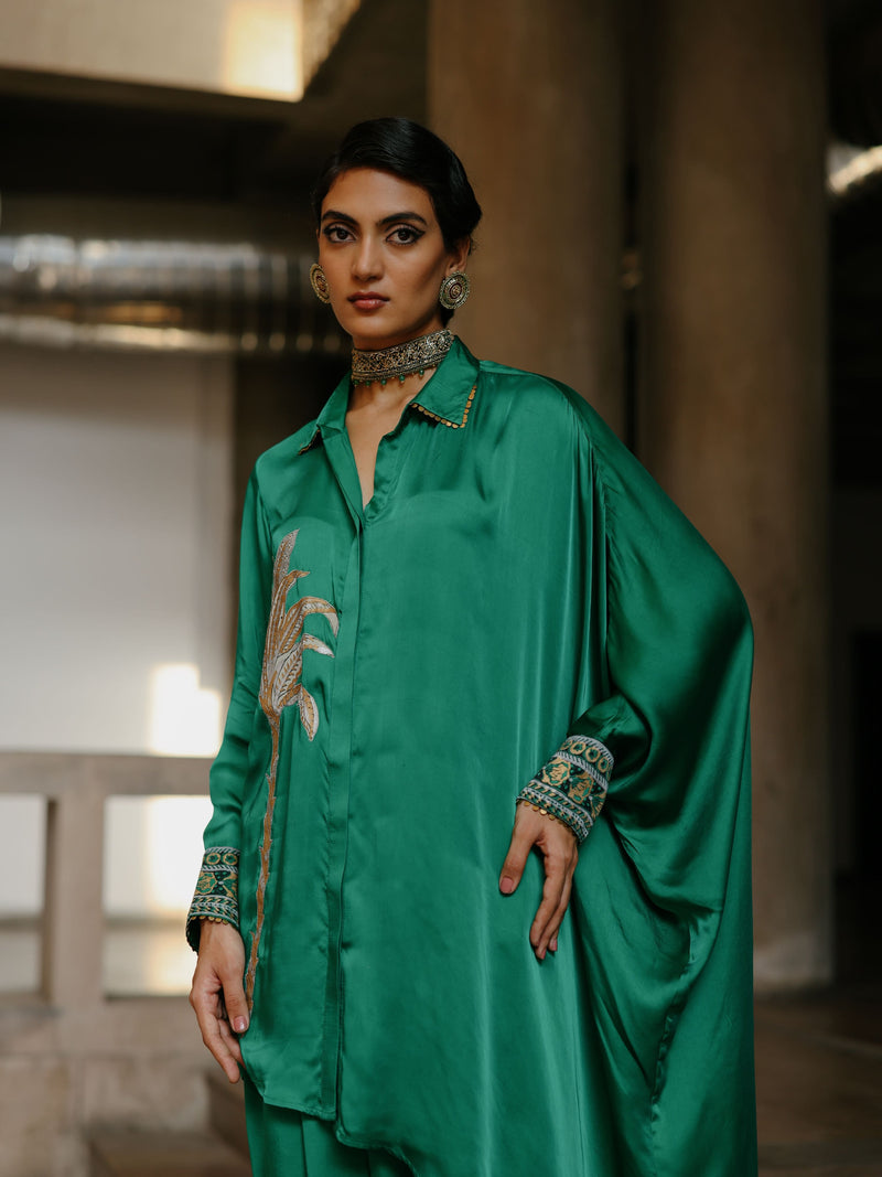EMERALD GREEN COLLARED DRAPE ASYMMETRICAL SHIRT WITH COWL SALWAR  - SET OF 3