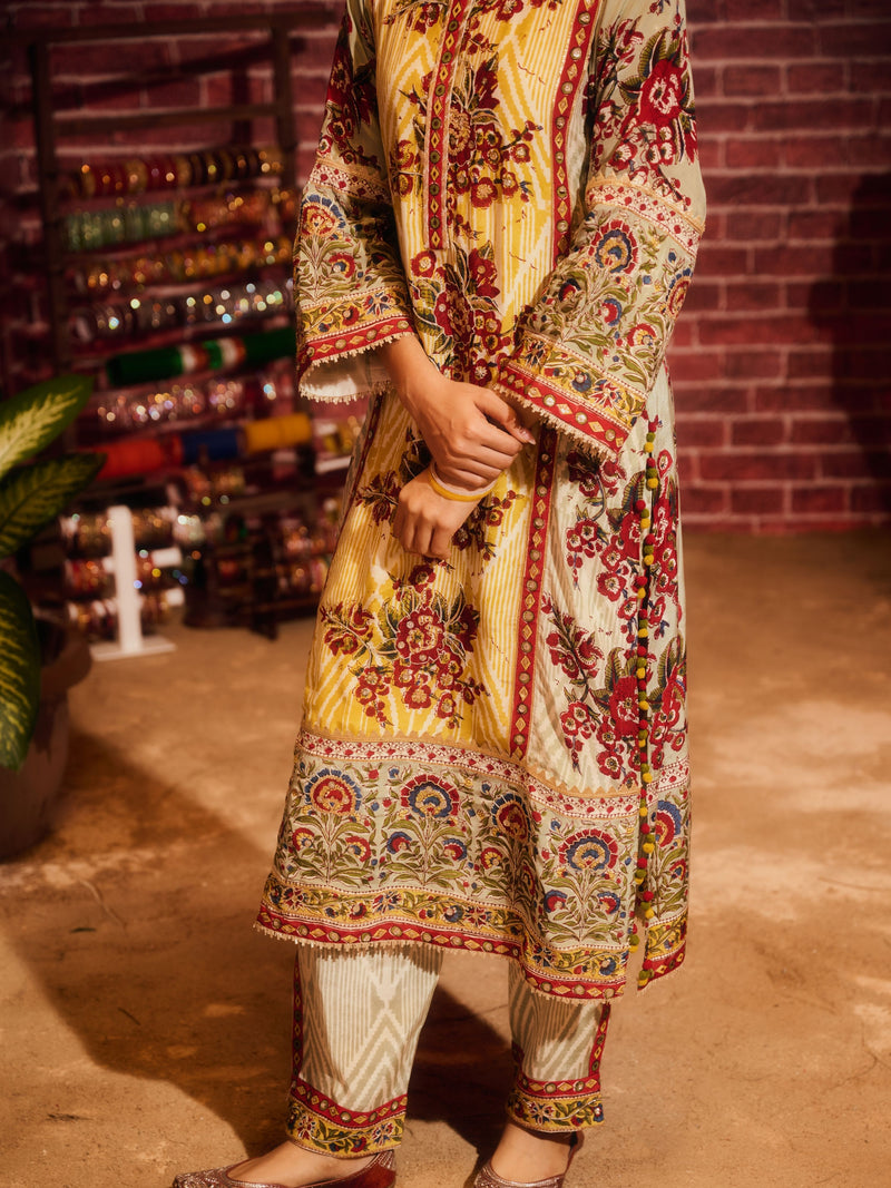 LAAL PHOOL PANELLED STRAIGHT LONG KURTA WITH PANT AND DUPATTA (SET OF 3)