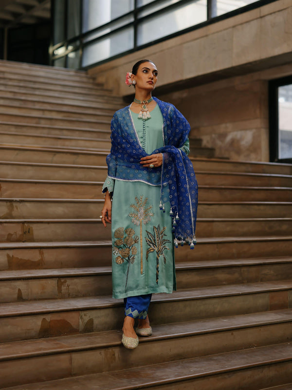 DUSTY BLUE STRAIGHT LONG KURTA WITH ROYAL BLUE PANT AND DUPATTA  - SET OF 3