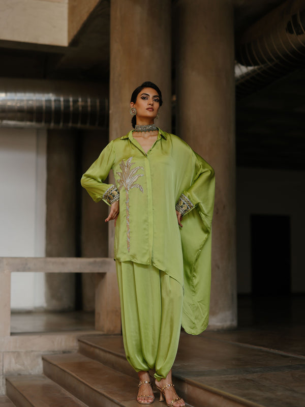 LIME GREEN COLLARED DRAPE ASYMMETRICAL SHIRT WITH COWL SALWAR  - SET OF 3