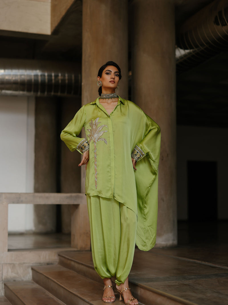 LIME GREEN COLLARED DRAPE ASYMMETRICAL SHIRT WITH COWL SALWAR  - SET OF 3