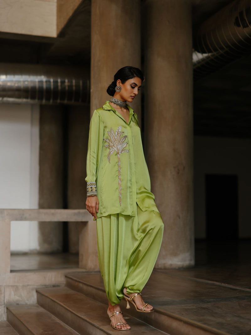LIME GREEN COLLARED DRAPE ASYMMETRICAL SHIRT WITH COWL SALWAR  - SET OF 3