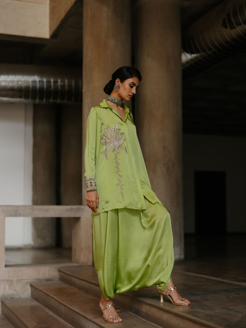 LIME GREEN COLLARED DRAPE ASYMMETRICAL SHIRT WITH COWL SALWAR  - SET OF 3
