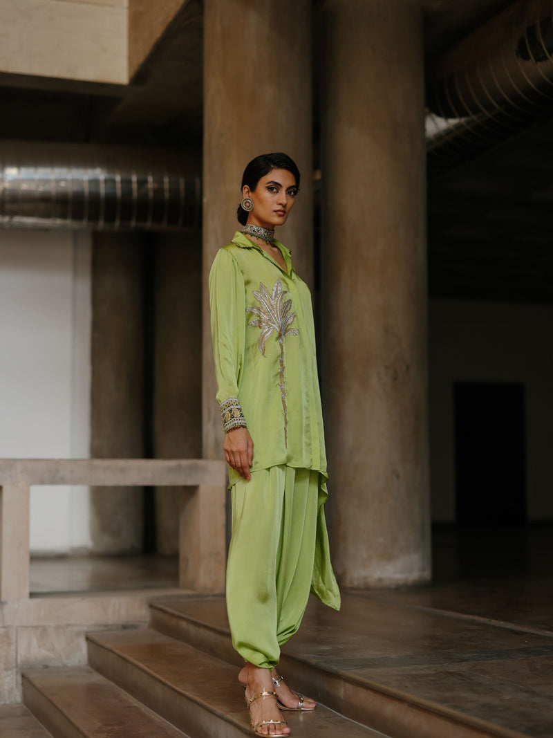 LIME GREEN COLLARED DRAPE ASYMMETRICAL SHIRT WITH COWL SALWAR  - SET OF 3
