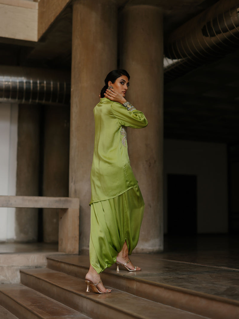 LIME GREEN COLLARED DRAPE ASYMMETRICAL SHIRT WITH COWL SALWAR  - SET OF 3