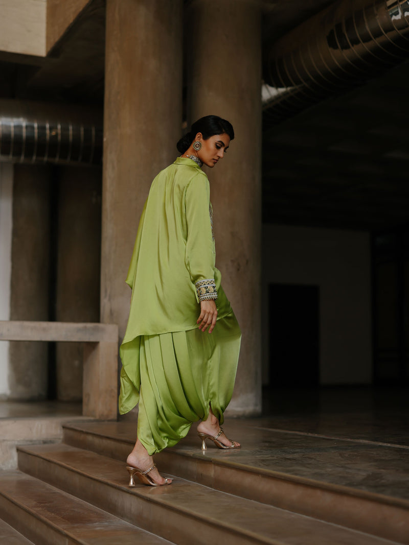 LIME GREEN COLLARED DRAPE ASYMMETRICAL SHIRT WITH COWL SALWAR  - SET OF 3