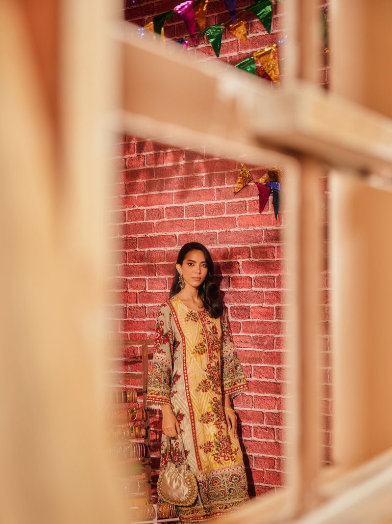 LAAL PHOOL PANELLED STRAIGHT LONG KURTA WITH PANT AND DUPATTA (SET OF 3)