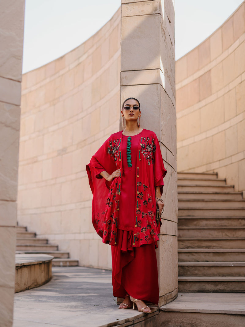 RUBY PINK CAPE DUPATTA WITH STRAIGHT SHORT KURTA AND DRAPE SKIRT  - SET OF 3