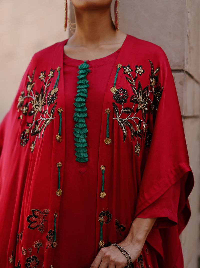 RUBY PINK CAPE DUPATTA WITH STRAIGHT SHORT KURTA AND DRAPE SKIRT  - SET OF 3