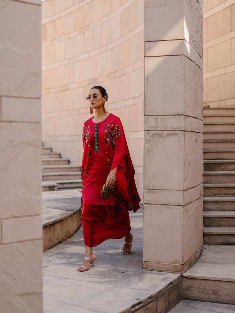 RUBY PINK CAPE DUPATTA WITH STRAIGHT SHORT KURTA AND DRAPE SKIRT  - SET OF 3