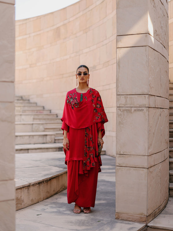RUBY PINK CAPE DUPATTA WITH STRAIGHT SHORT KURTA AND DRAPE SKIRT  - SET OF 3