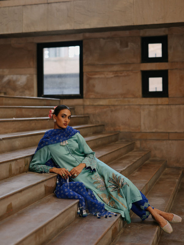 DUSTY BLUE STRAIGHT LONG KURTA WITH ROYAL BLUE PANT AND DUPATTA  - SET OF 3