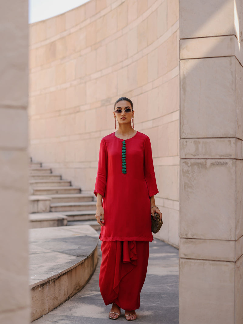 RUBY PINK CAPE DUPATTA WITH STRAIGHT SHORT KURTA AND DRAPE SKIRT  - SET OF 3
