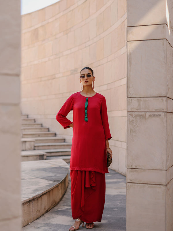 RUBY PINK CAPE DUPATTA WITH STRAIGHT SHORT KURTA AND DRAPE SKIRT  - SET OF 3